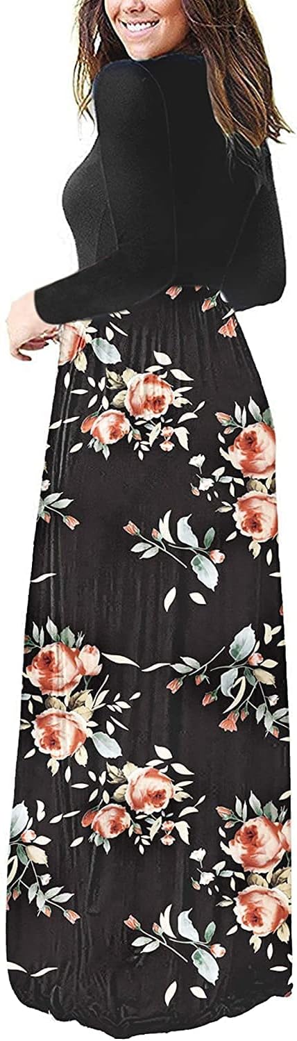 medium Women Long Sleeve Loose Plain Maxi Dresses Casual Long Dresses with Pockets (M, Rose Black)