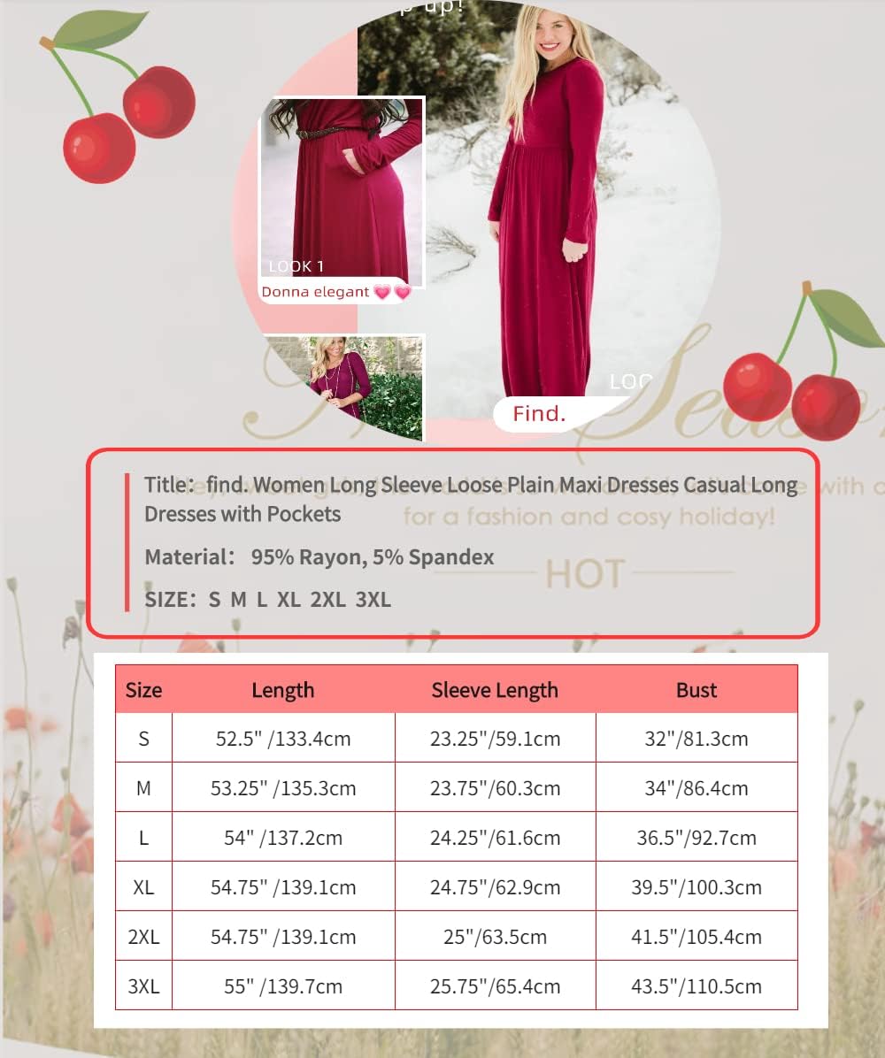 medium Women Long Sleeve Loose Plain Maxi Dresses Casual Long Dresses with Pockets (M, Rose Black)