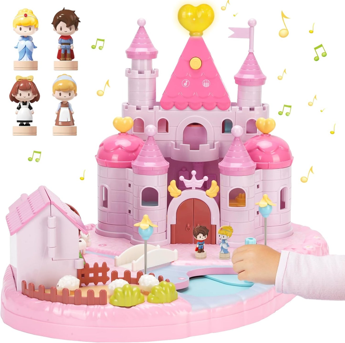 Dream Princess Castle Playset with 4 Magnetic Control Movable Little People, Magnetic Doll House Building Toys with Light & Music for Pretend Play, Gift for Girls Toys Kids ages 6+（Pink）