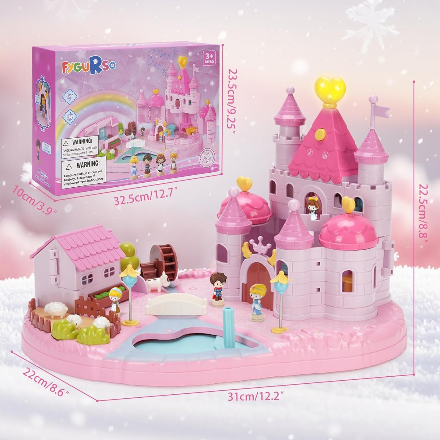 Dream Princess Castle Playset with 4 Magnetic Control Movable Little People, Magnetic Doll House Building Toys with Light & Music for Pretend Play, Gift for Girls Toys Kids ages 6+（Pink）