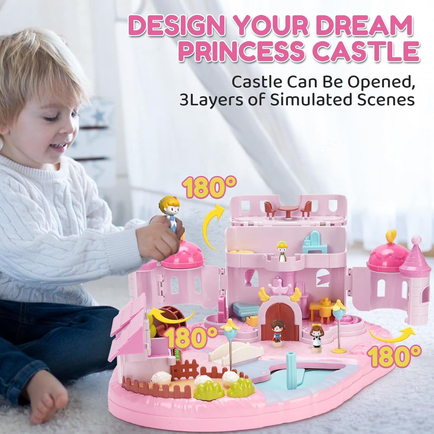 Dream Princess Castle Playset with 4 Magnetic Control Movable Little People, Magnetic Doll House Building Toys with Light & Music for Pretend Play, Gift for Girls Toys Kids ages 6+（Pink）