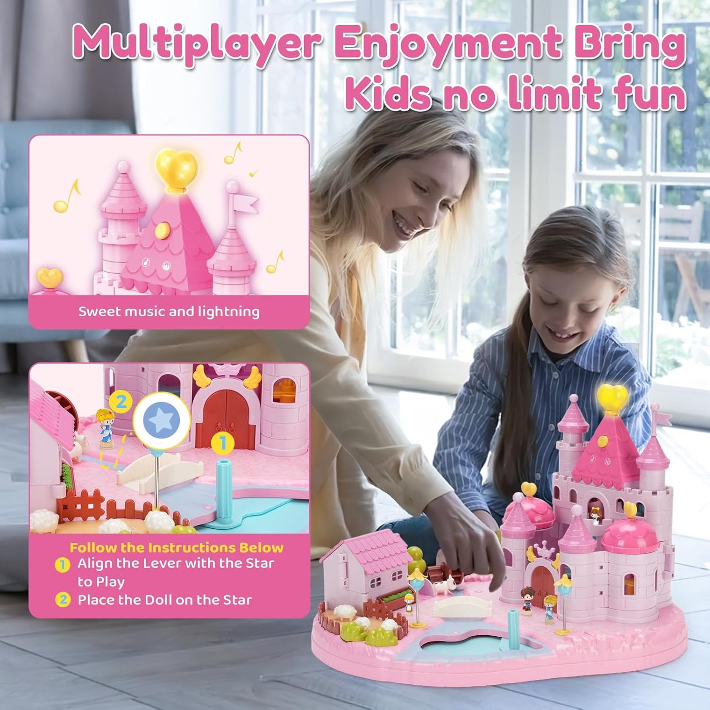 Dream Princess Castle Playset with 4 Magnetic Control Movable Little People, Magnetic Doll House Building Toys with Light & Music for Pretend Play, Gift for Girls Toys Kids ages 6+（Pink）