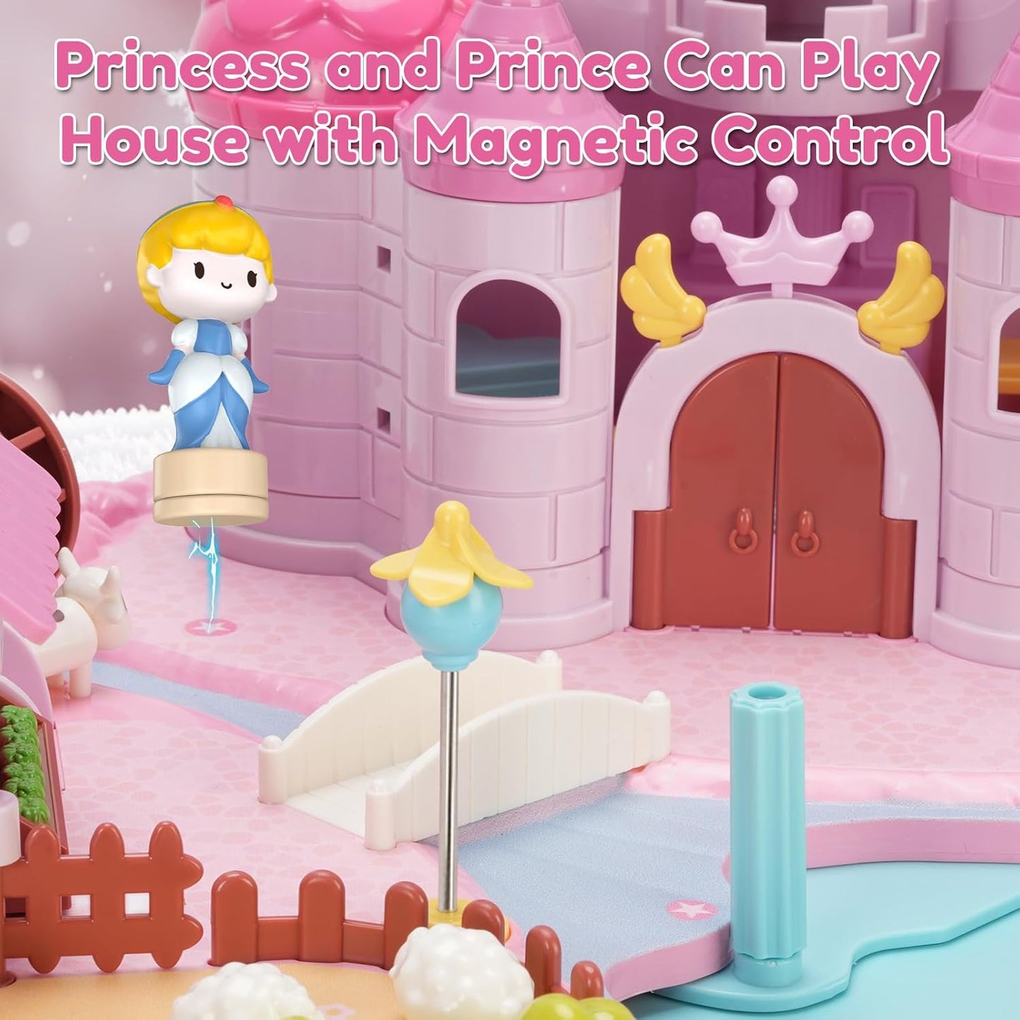 Dream Princess Castle Playset with 4 Magnetic Control Movable Little People, Magnetic Doll House Building Toys with Light & Music for Pretend Play, Gift for Girls Toys Kids ages 6+（Pink）