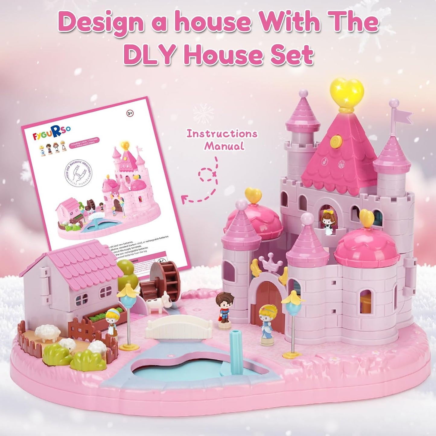 Dream Princess Castle Playset with 4 Magnetic Control Movable Little People, Magnetic Doll House Building Toys with Light & Music for Pretend Play, Gift for Girls Toys Kids ages 6+（Pink）