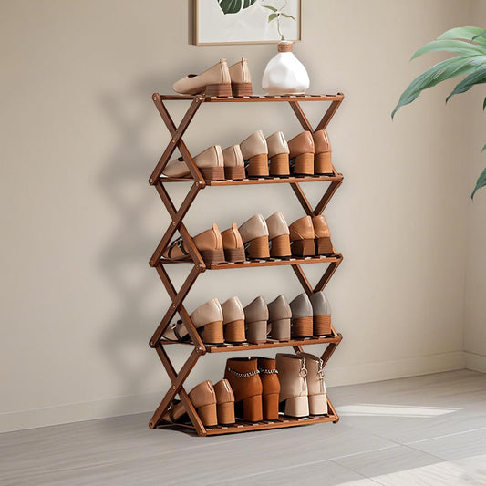 5 Tier Bamboo Shoe Rack,Free Standing Shoe Rack for Closet,Without Installation Portable Folding Shoe Storage Rack,small shoe rack for narrow space Entryway Hallway Closet Living Room