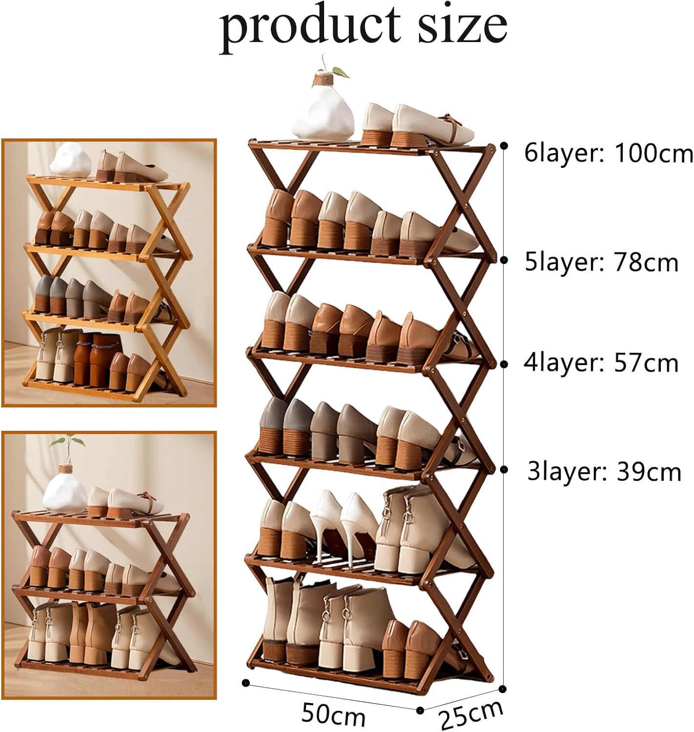 5 Tier Bamboo Shoe Rack,Free Standing Shoe Rack for Closet,Without Installation Portable Folding Shoe Storage Rack,small shoe rack for narrow space Entryway Hallway Closet Living Room