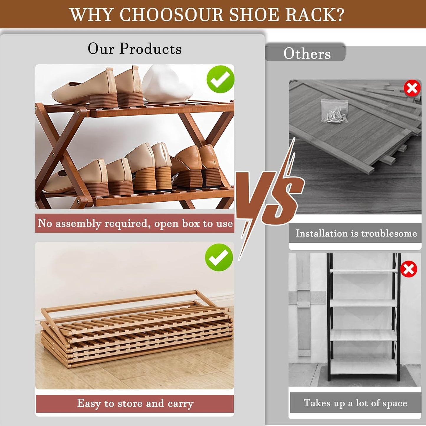 5 Tier Bamboo Shoe Rack,Free Standing Shoe Rack for Closet,Without Installation Portable Folding Shoe Storage Rack,small shoe rack for narrow space Entryway Hallway Closet Living Room