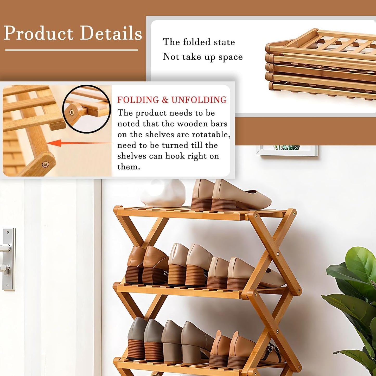 5 Tier Bamboo Shoe Rack,Free Standing Shoe Rack for Closet,Without Installation Portable Folding Shoe Storage Rack,small shoe rack for narrow space Entryway Hallway Closet Living Room