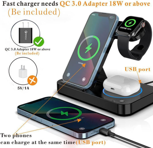 Wireless Charger Stand, 3 in 1 Wireless Charging Station for iPhone/14/13/12/11Pro samsung Galaxy S22/S21 Series Phone Fast Charger station For Apple Watch 8/7/6/5/4/3/2 AirPods 3/2/Pro